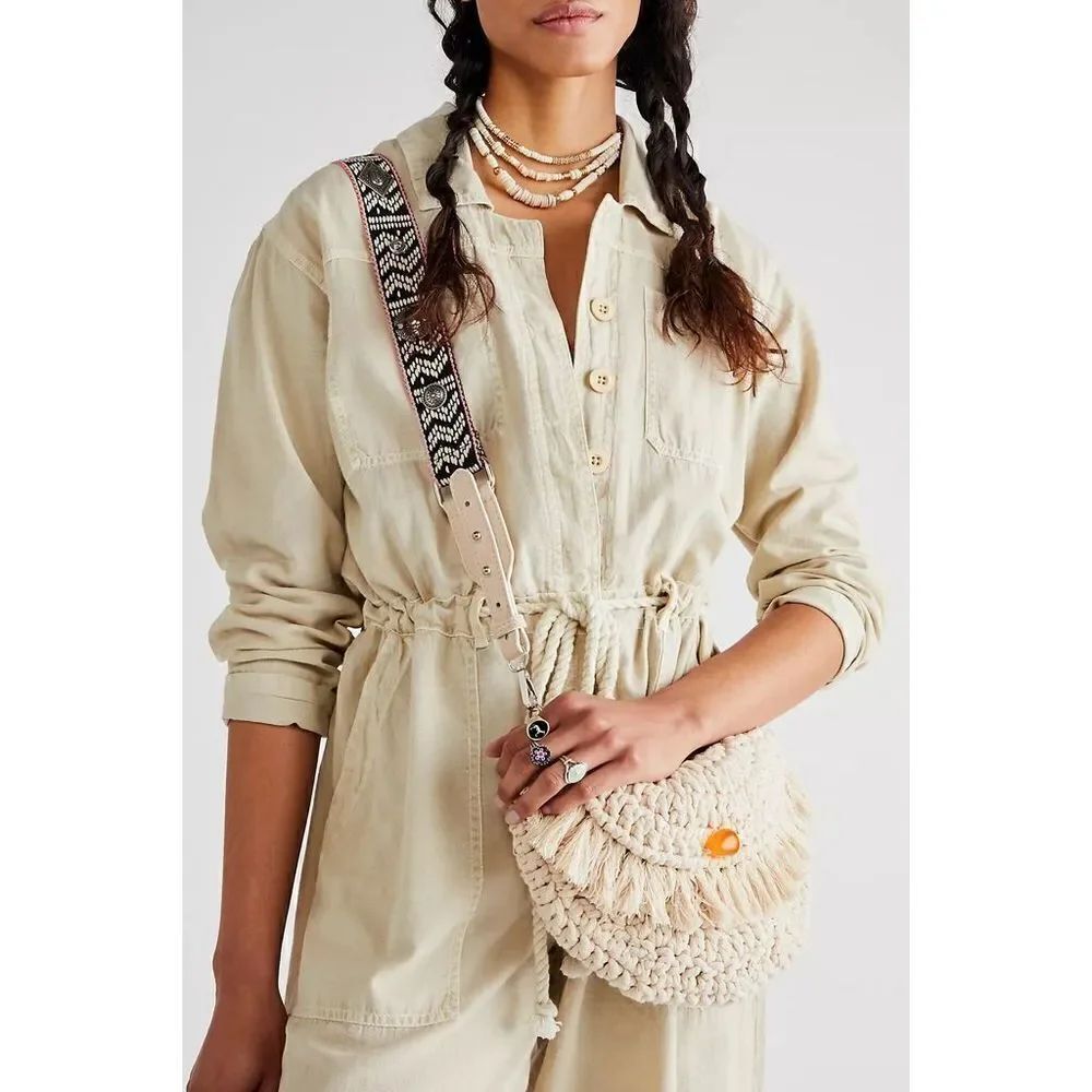 Free People Cream Macrame Moon Crossbody Bag